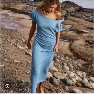 FP BEACH Promenade Midi Dress Off Shoulder Blue Size Large